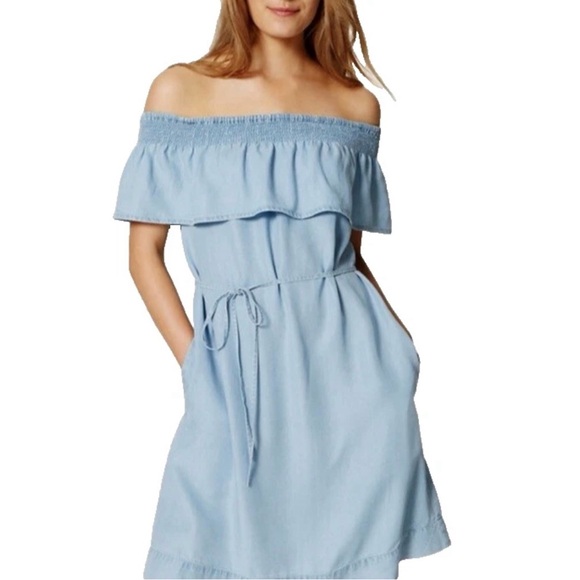 LOFT Dresses & Skirts - Loft Outlet Off the Shoulder Women's Small Blue Denim Dress Ruffle Neck